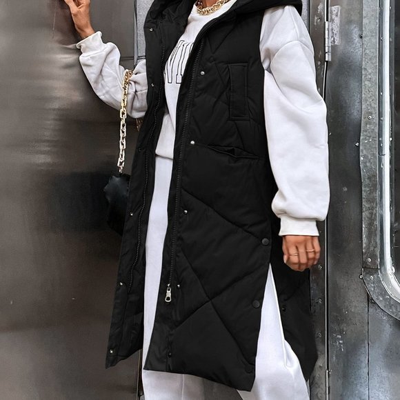 Black Casual Womens Pocket Zip Up Hooded Puffer Vest Coat - Picture 4 of 5